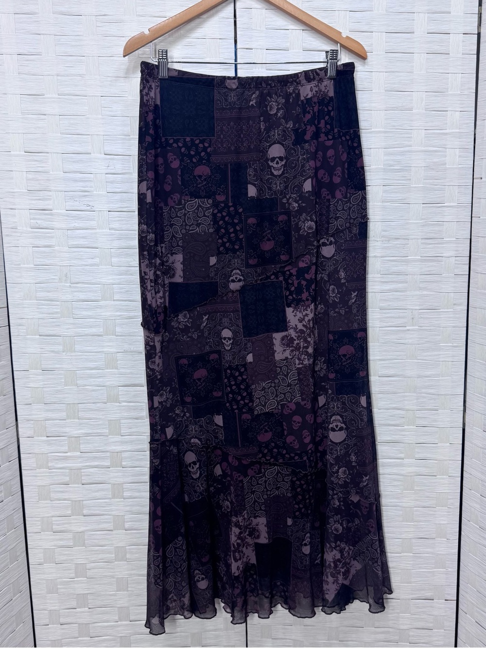 Social Collision Lined Goth Grunge Skull Tiered Maxi Skirt Size Large